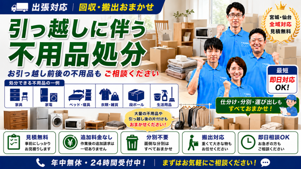 仙台市の引越しに伴う不用品処分・粗大ゴミ回収サービス